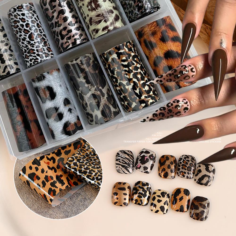 Nail Art Leopard - สติกเกอร์ลายเสือดาวสีน้ำตาล 10 ม้วน/กล่อง สำหรับตกแต่งเล็บลายหนังสัตว์สุดเซ็กซี่ แบบ DIY