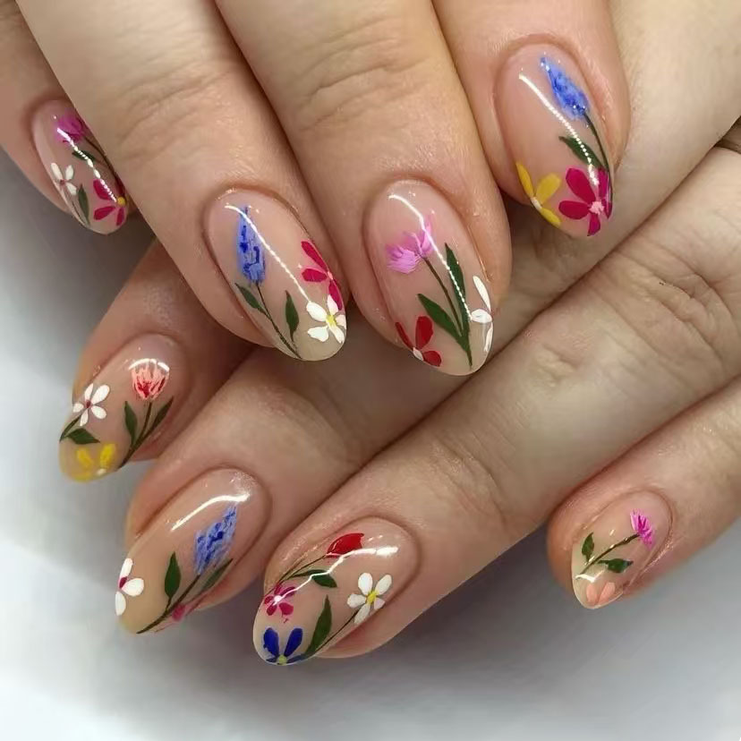 Nail Art Aesthetic - 24 ชิ้น Simple อัลมอนด์เล็บเคล็ดลับดอกไม้สีสันสดใสออกแบบเล็บปลอมสวมใส่รูปไข่เล็บปลอมสั้นเต็มรูปแบบกดบนเล็บ