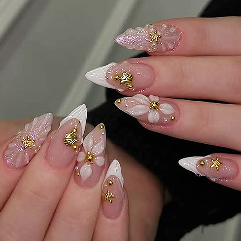 Nail Art Aesthetic - ชุดเล็บปลอมแบบกดติด 24 ชิ้น ลายดอกไม้สีชมพูหวาน ดีไซน์เปลือกหอยมุก พร้อมใช้งานซ้ำได้