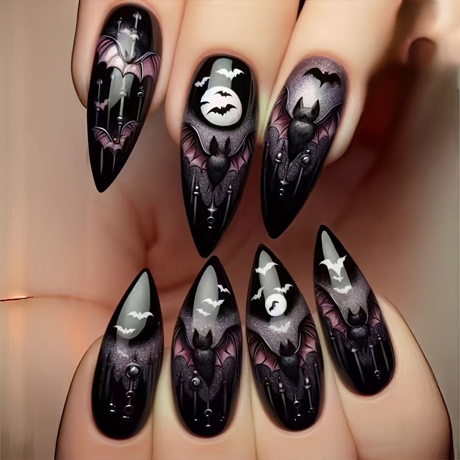 Nail Art Aesthetic - เล็บปลอมฮาโลวีน 24 ชิ้น สีดำทรงอัลมอนด์ ลายค้างคาวสุดหลอน สำหรับผู้หญิงและเด็กผู้หญิง